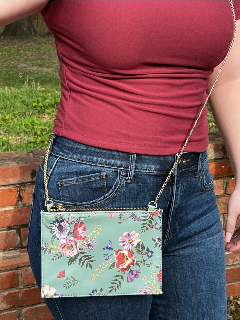 Floral Mint Crossbody Bag with Gold Chain